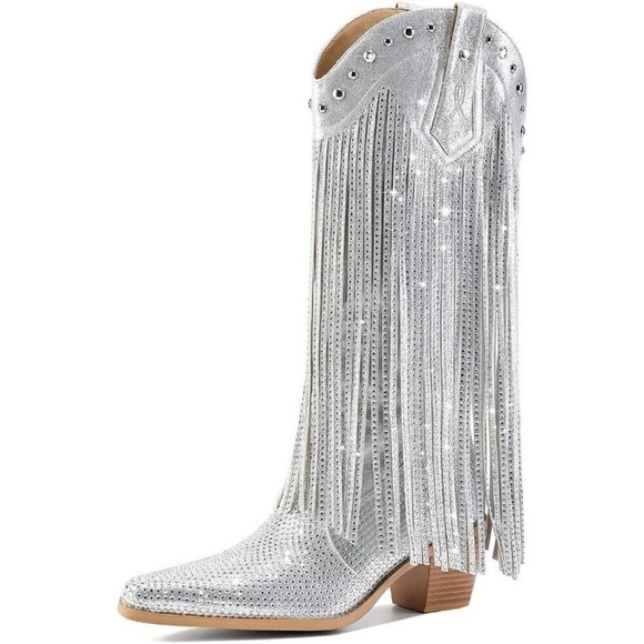 Women's Rhinestone Fringe Sparkly Western Toe Knee Chunky Pull On Mid Calf Boots - Picture 1 of 8